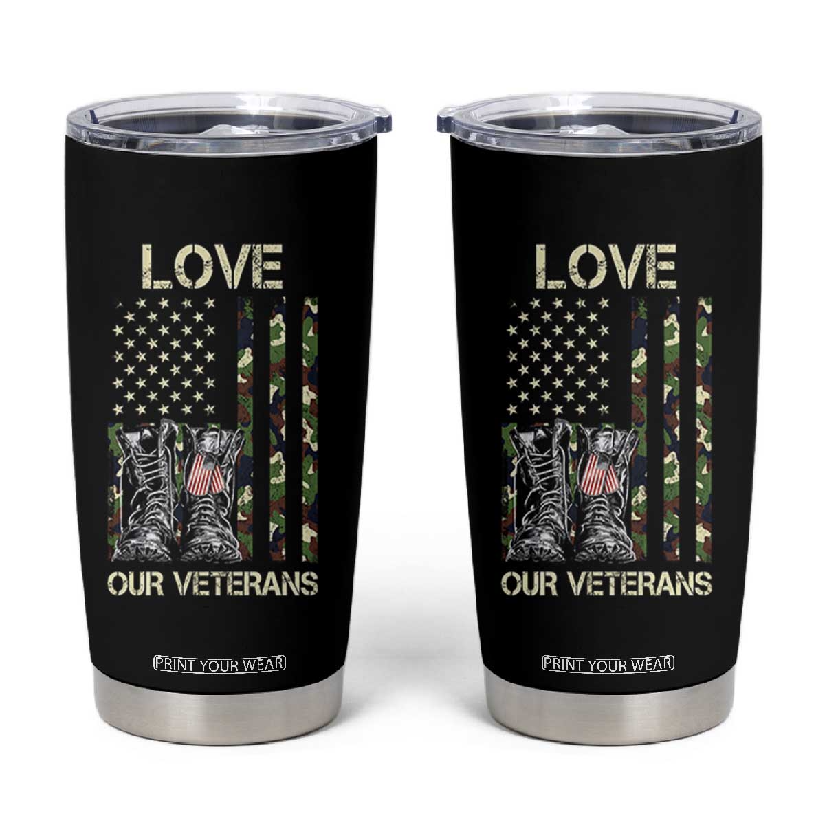 Love Our Veterans Tumbler Cup Camo American Flag Military Supportive Veterans Day TS10 Black Print Your Wear