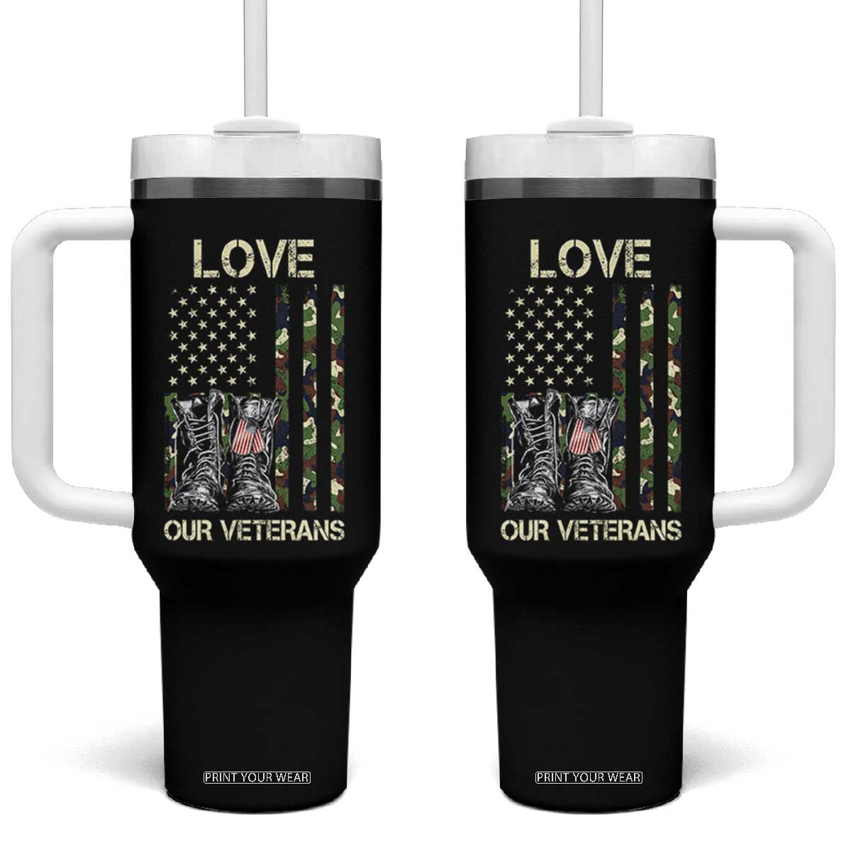 Love Our Veterans Tumbler With Handle Camo American Flag Military Supportive Veterans Day TS10 One Size: 40 oz Black Print Your Wear