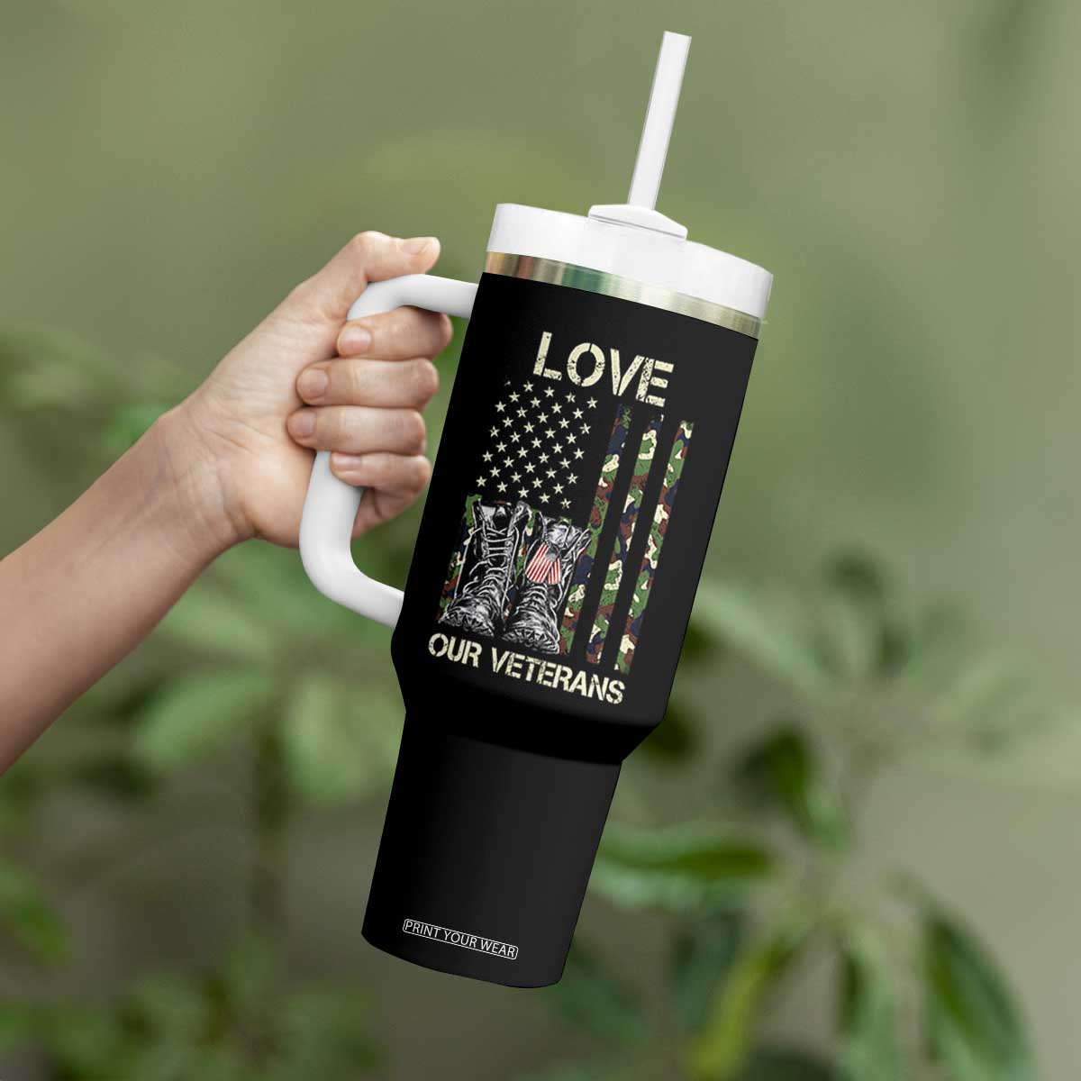 Love Our Veterans Tumbler With Handle Camo American Flag Military Supportive Veterans Day TS10 Print Your Wear