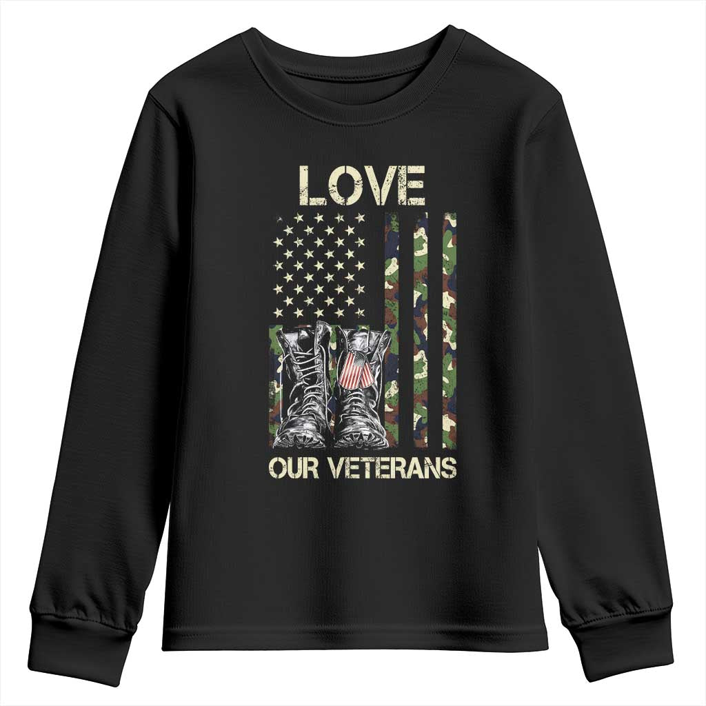 Love Our Veterans Youth Sweatshirt Camo American Flag Military Supportive Veterans Day TS10 Black Print Your Wear