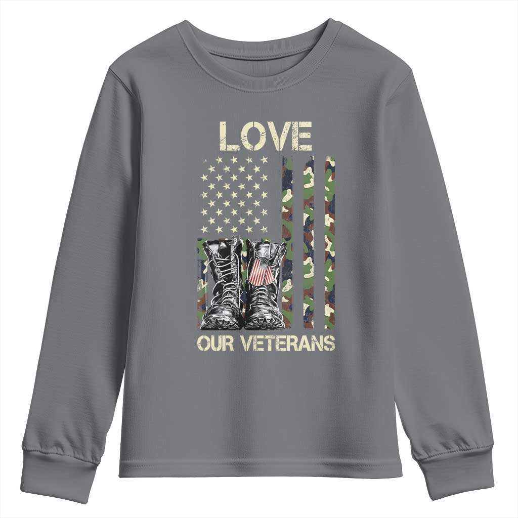 Love Our Veterans Youth Sweatshirt Camo American Flag Military Supportive Veterans Day TS10 Charcoal Print Your Wear