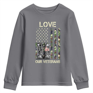 Love Our Veterans Youth Sweatshirt Camo American Flag Military Supportive Veterans Day TS10 Charcoal Print Your Wear