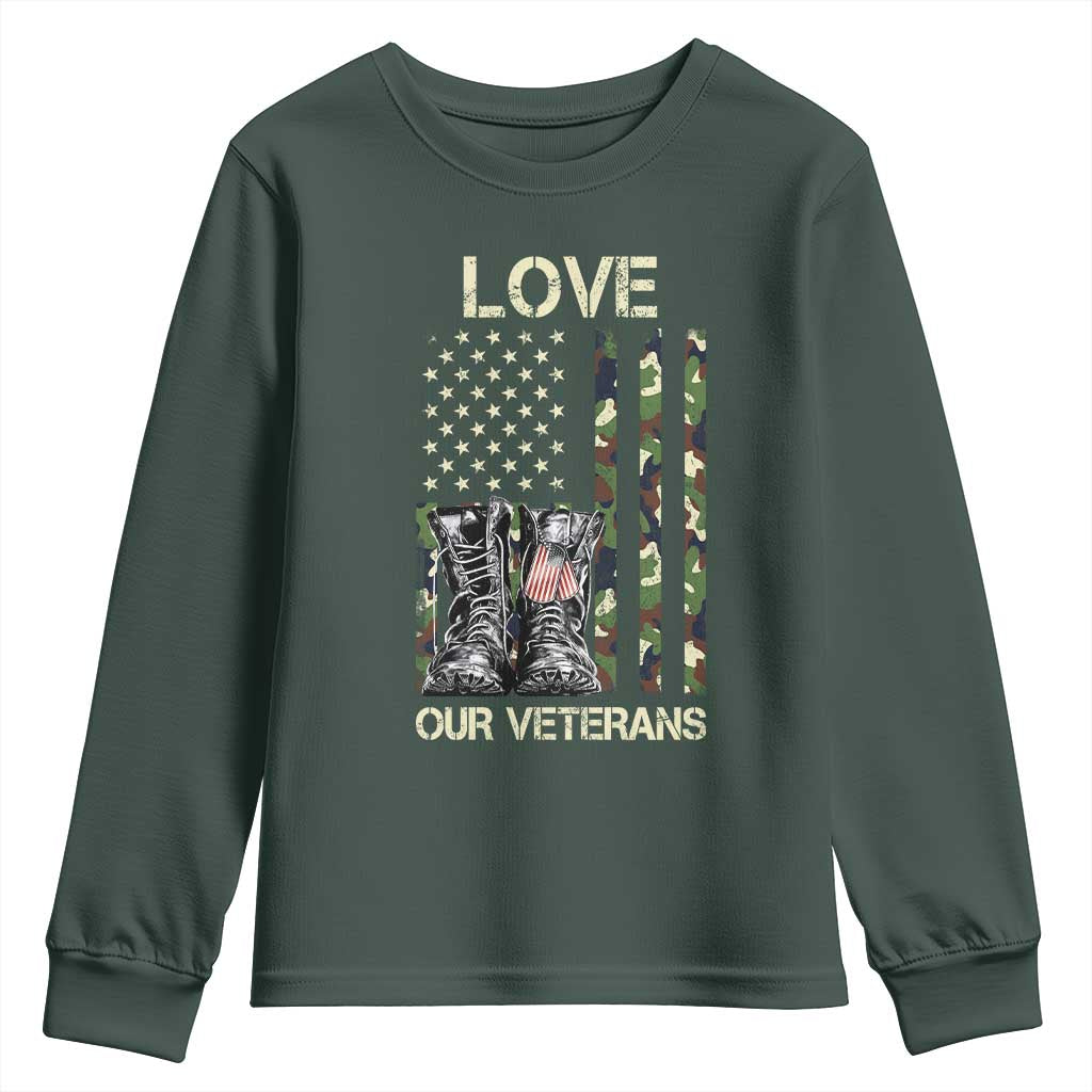 Love Our Veterans Youth Sweatshirt Camo American Flag Military Supportive Veterans Day TS10 Dark Forest Green Print Your Wear
