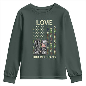 Love Our Veterans Youth Sweatshirt Camo American Flag Military Supportive Veterans Day TS10 Dark Forest Green Print Your Wear