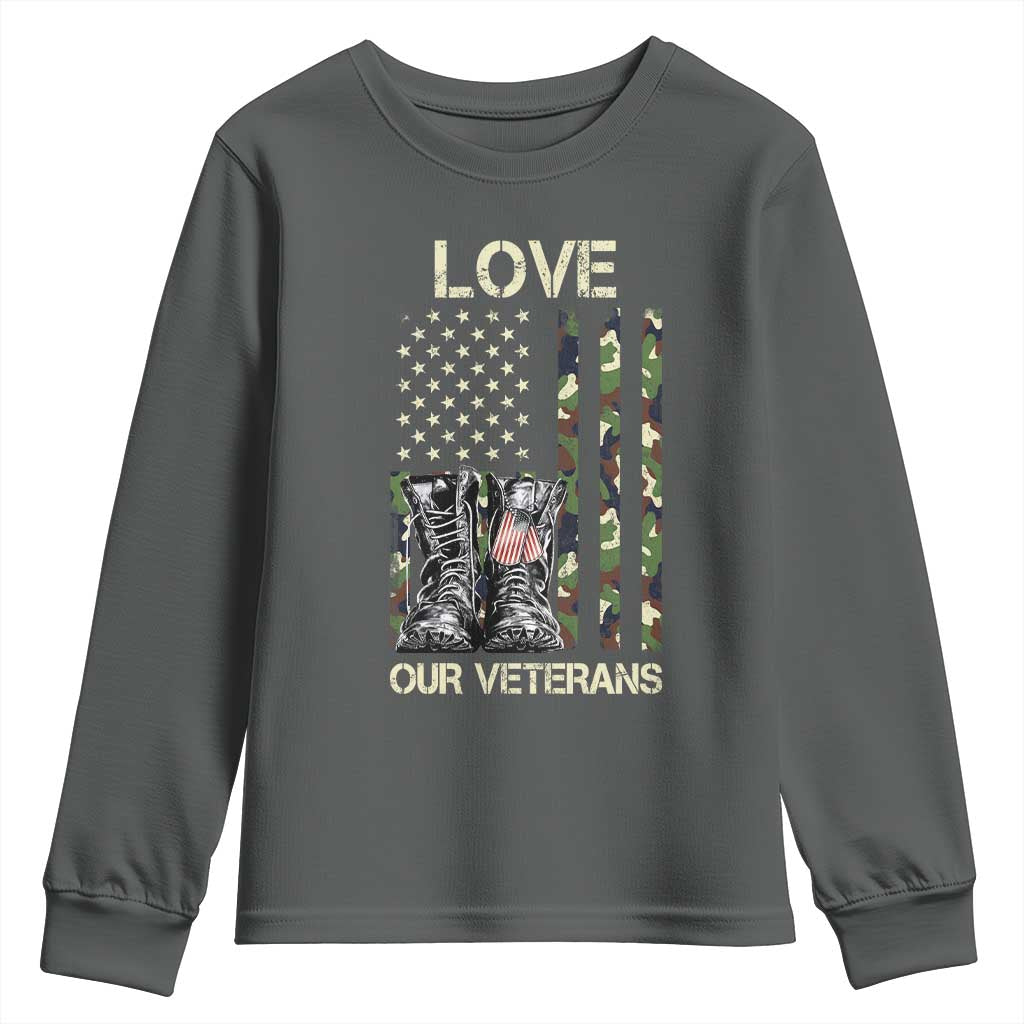 Love Our Veterans Youth Sweatshirt Camo American Flag Military Supportive Veterans Day TS10 Dark Heather Print Your Wear