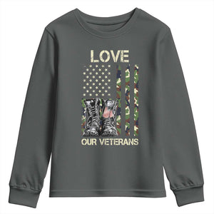 Love Our Veterans Youth Sweatshirt Camo American Flag Military Supportive Veterans Day TS10 Dark Heather Print Your Wear