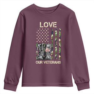 Love Our Veterans Youth Sweatshirt Camo American Flag Military Supportive Veterans Day TS10 Maroon Print Your Wear