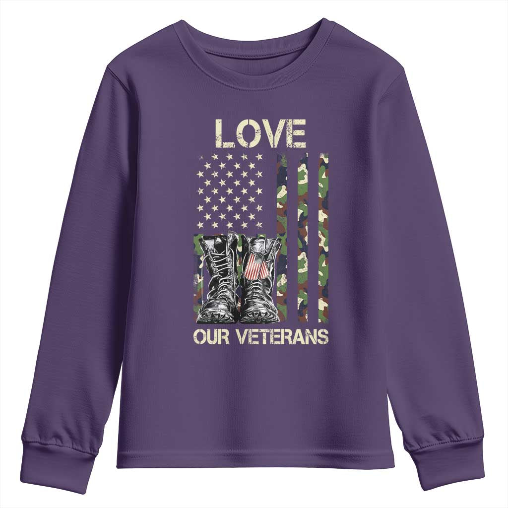 Love Our Veterans Youth Sweatshirt Camo American Flag Military Supportive Veterans Day TS10 Purple Print Your Wear
