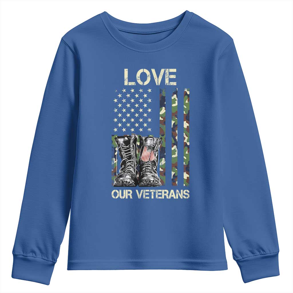 Love Our Veterans Youth Sweatshirt Camo American Flag Military Supportive Veterans Day TS10 Royal Blue Print Your Wear