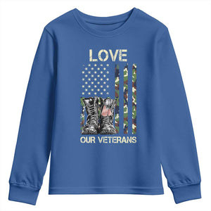Love Our Veterans Youth Sweatshirt Camo American Flag Military Supportive Veterans Day TS10 Royal Blue Print Your Wear