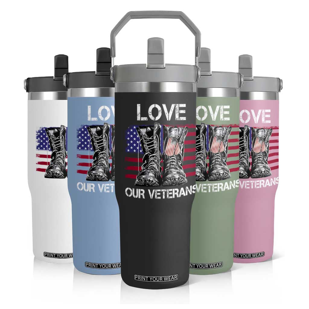 Love Our Veterans Flip Straw Tumbler American Flag Military Supportive Veterans Day TS10 Print Your Wear