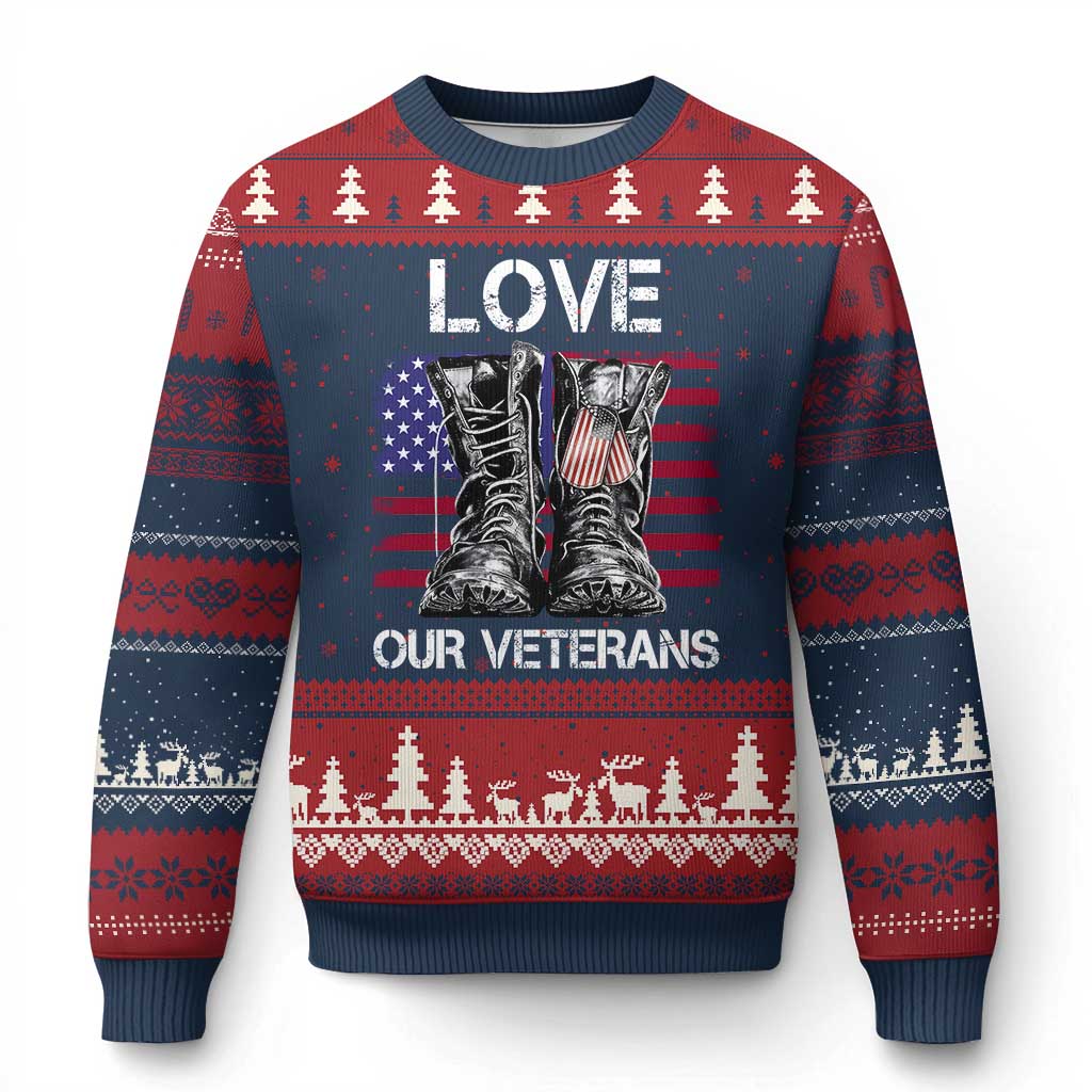 Love Our Veterans Ugly Christmas Sweater American Flag Military Supportive Veterans Day TS10 Navy Red Print Your Wear