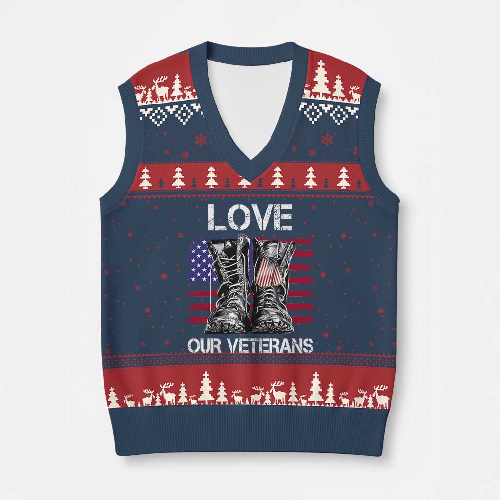 Love Our Veterans V-Neck Knit Sweater Vest American Flag Military Supportive Veterans Day TS10 Navy Red Print Your Wear