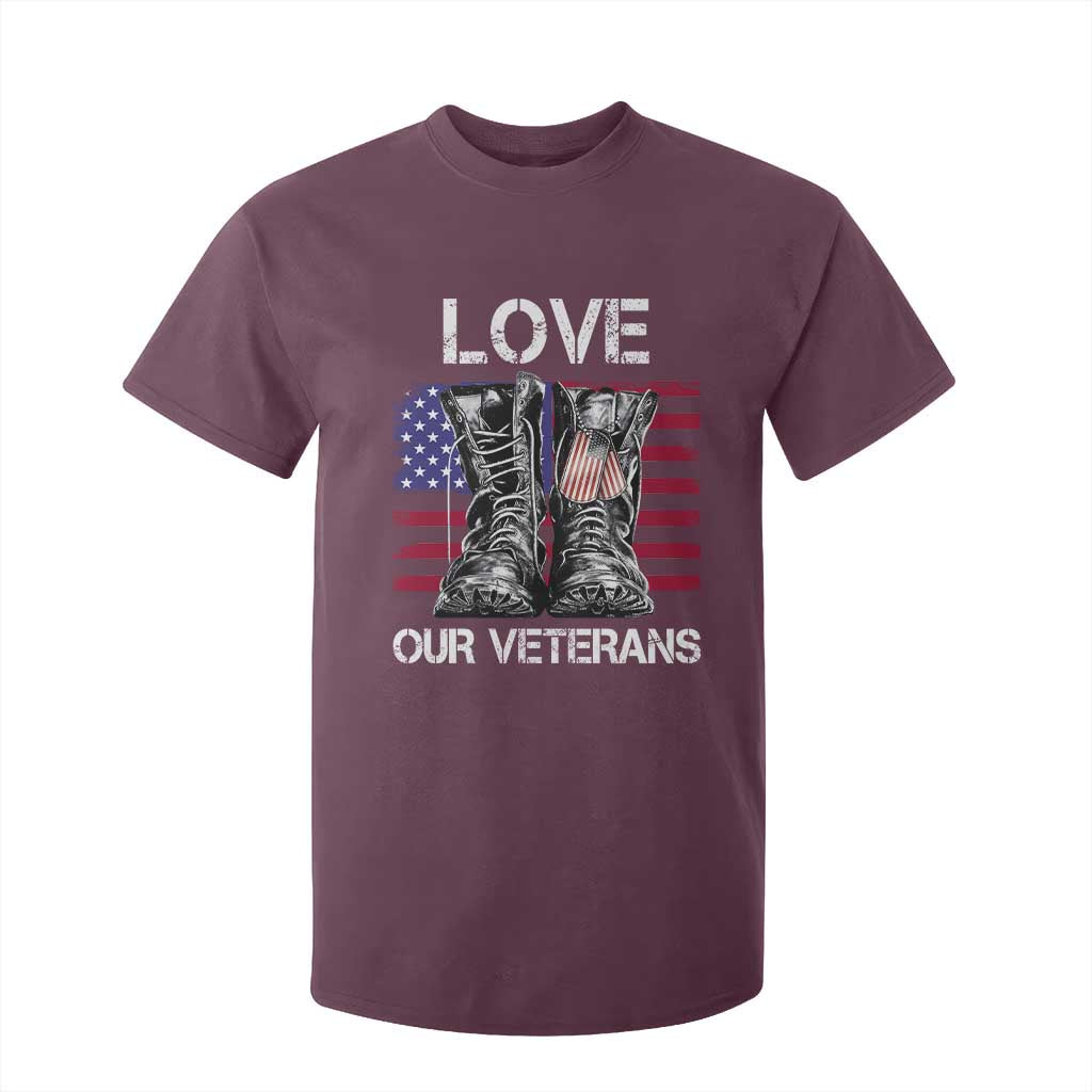 Love Our Veterans T Shirt For Kid American Flag Military Supportive Veterans Day TS10 Maroon Print Your Wear