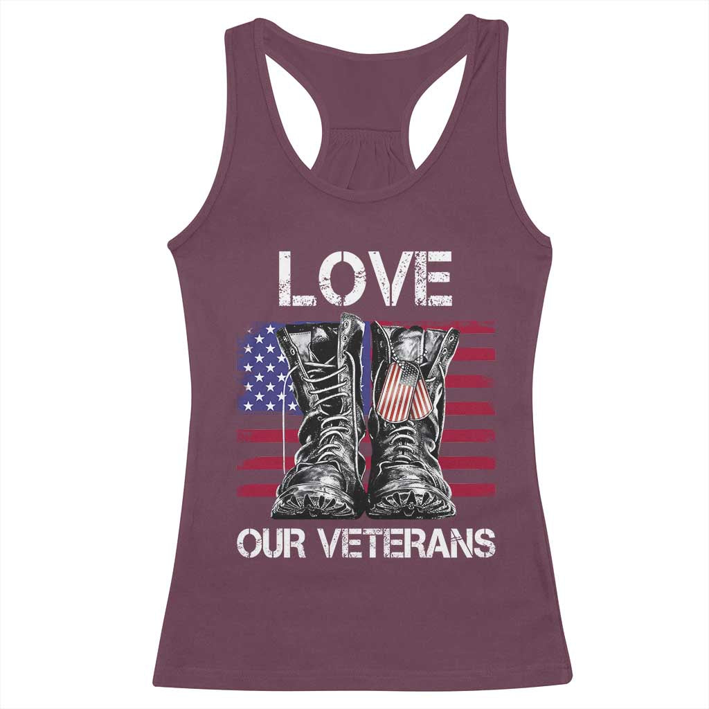 Love Our Veterans Racerback Tank Top American Flag Military Supportive Veterans Day TS10 Maroon Print Your Wear
