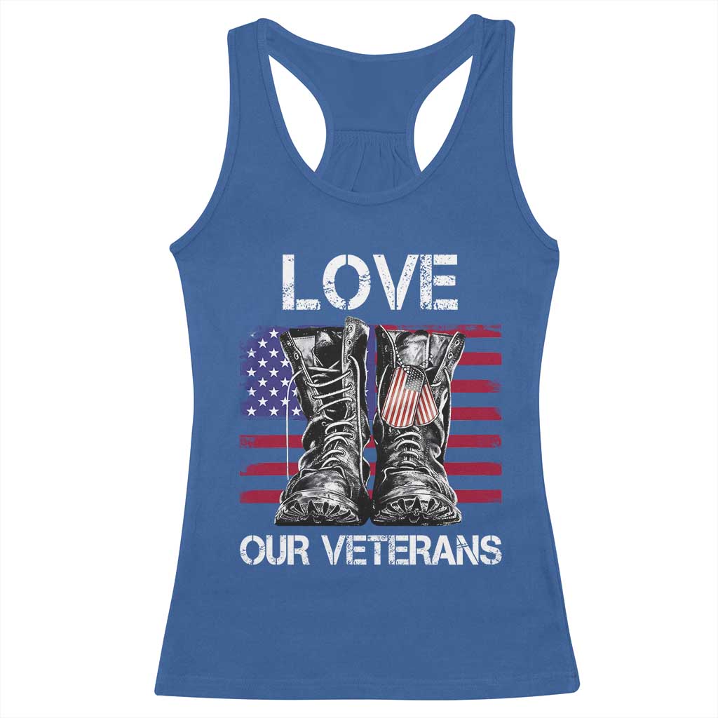 Love Our Veterans Racerback Tank Top American Flag Military Supportive Veterans Day TS10 Royal Blue Print Your Wear