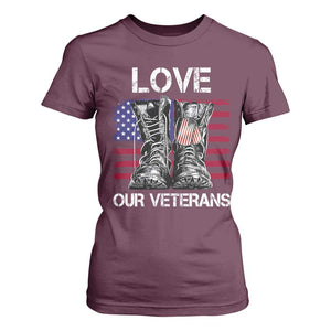 Love Our Veterans T Shirt For Women American Flag Military Supportive Veterans Day TS10 Maroon Print Your Wear