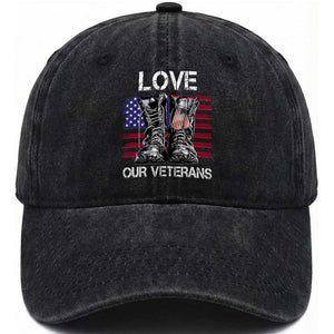 Love Our Veterans Washed Cotton Baseball Cap American Flag Military Supportive Veterans Day TS10 Washed Cap Universal Fit Black Print Your Wear