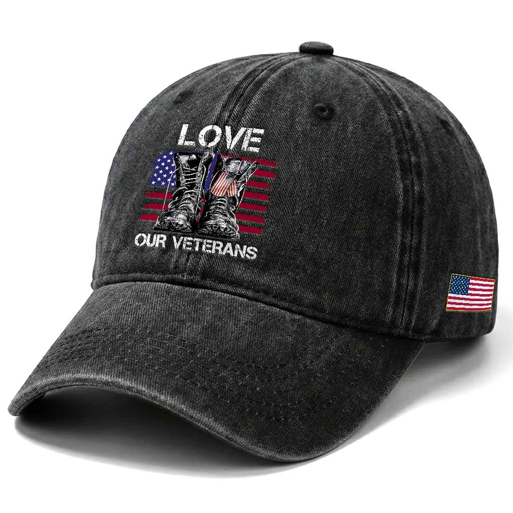Love Our Veterans Washed Cotton Baseball Cap American Flag Military Supportive Veterans Day TS10 Print Your Wear