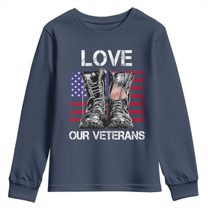 Love Our Veterans Youth Sweatshirt American Flag Military Supportive Veterans Day TS10 Navy Print Your Wear