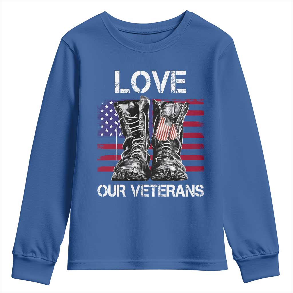 Love Our Veterans Youth Sweatshirt American Flag Military Supportive Veterans Day TS10 Royal Blue Print Your Wear