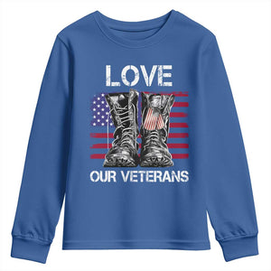 Love Our Veterans Youth Sweatshirt American Flag Military Supportive Veterans Day TS10 Royal Blue Print Your Wear