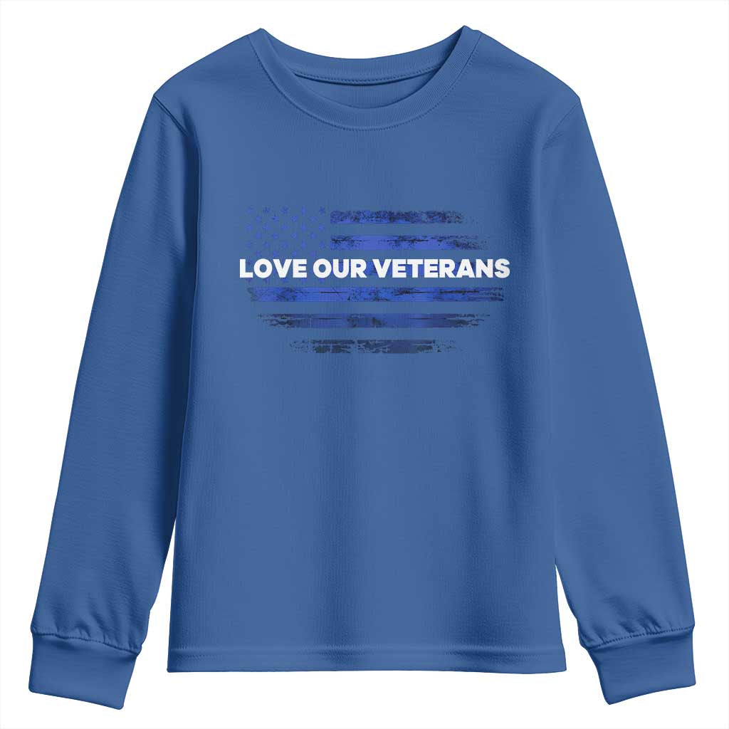 Love Our Veterans Youth Sweatshirt Veterans Day Grunge American Flag TS10 Royal Blue Print Your Wear