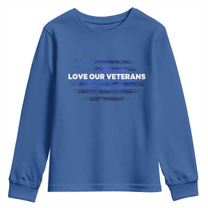 Love Our Veterans Youth Sweatshirt Veterans Day Grunge American Flag TS10 Royal Blue Print Your Wear