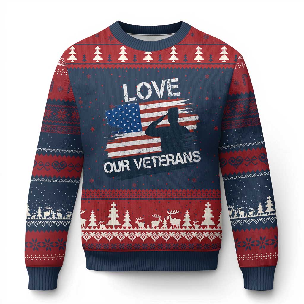 Love Our Veterans Ugly Christmas Sweater Veterans Day Military Appreciation US Flag TS10 Navy Red Print Your Wear