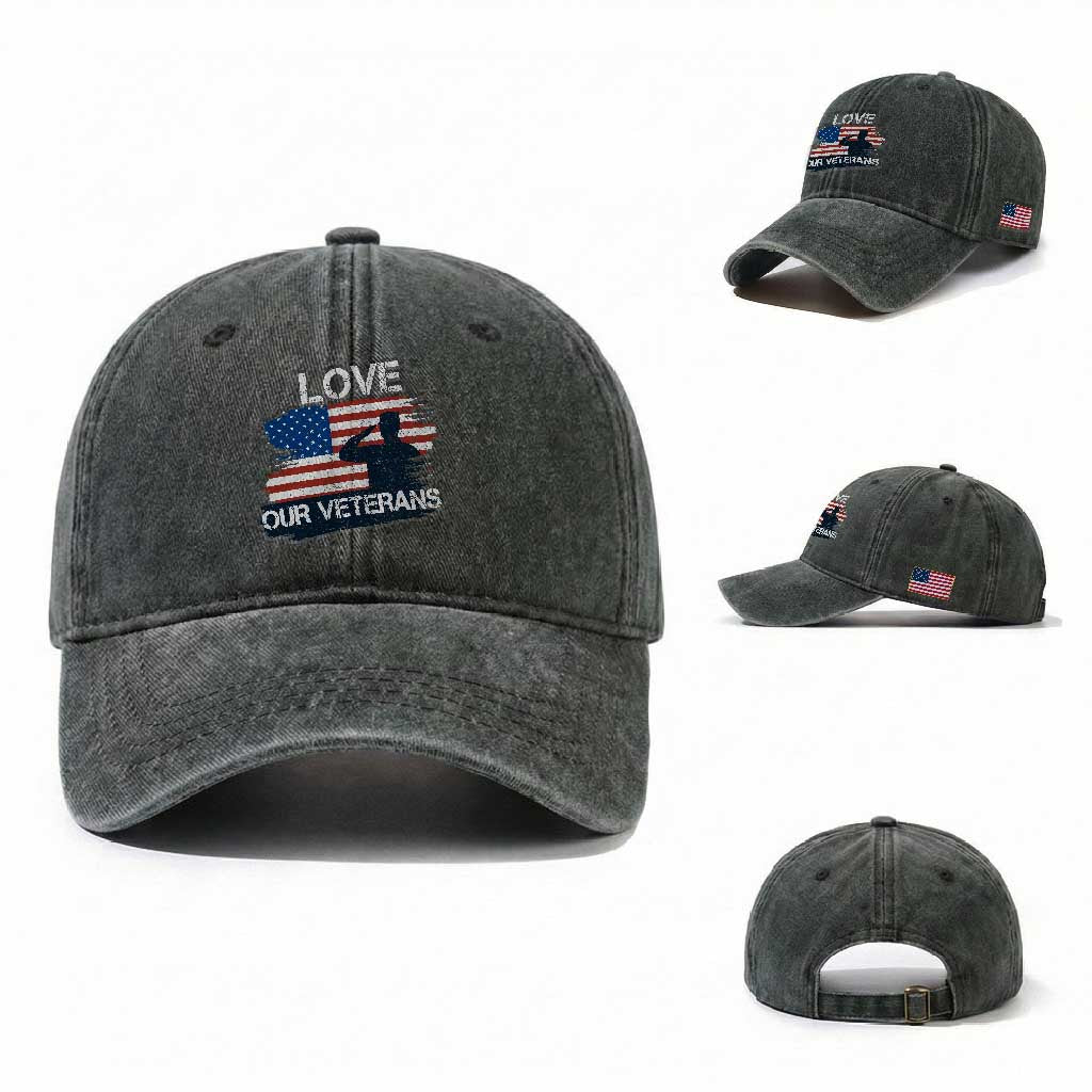 Love Our Veterans Washed Cotton Baseball Cap Veterans Day Military Appreciation US Flag TS10 Washed Cap Universal Fit Dark Green Print Your Wear