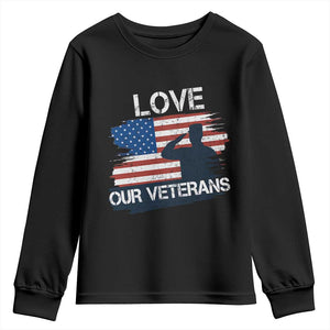 Love Our Veterans Youth Sweatshirt Veterans Day Military Appreciation US Flag TS10 Black Print Your Wear