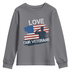 Love Our Veterans Youth Sweatshirt Veterans Day Military Appreciation US Flag TS10 Charcoal Print Your Wear