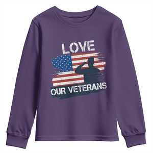 Love Our Veterans Youth Sweatshirt Veterans Day Military Appreciation US Flag TS10 Purple Print Your Wear