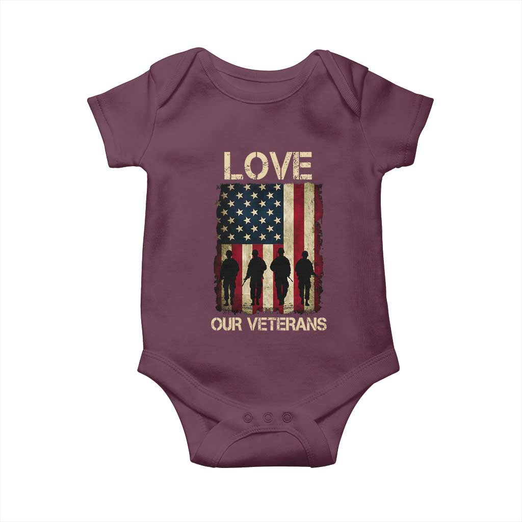Love Our Veterans Baby Onesie US Veterans Day Proud Military Family US Flag TS10 Maroon Print Your Wear