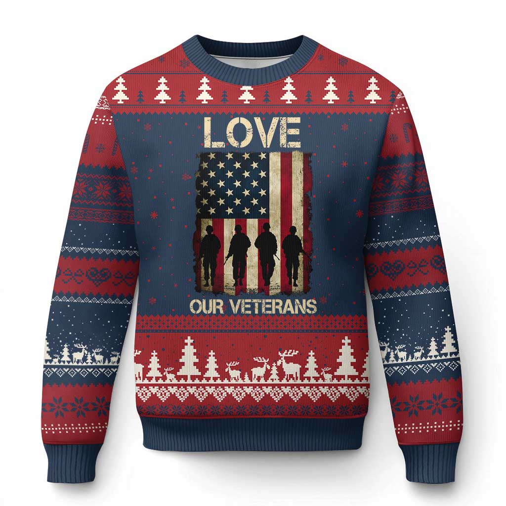 Love Our Veterans Ugly Christmas Sweater US Veterans Day Proud Military Family US Flag TS10 Navy Red Print Your Wear