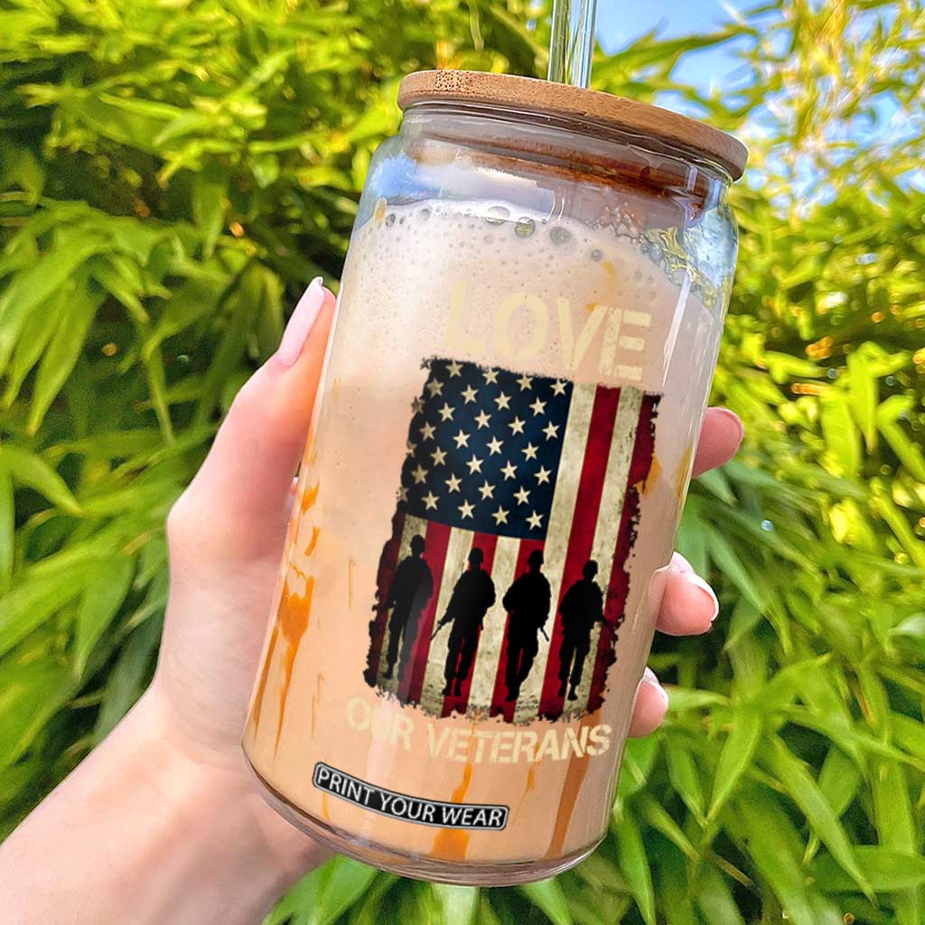 Love Our Veterans Glass Can US Veterans Day Proud Military Family US Flag TS10 Black Print Your Wear