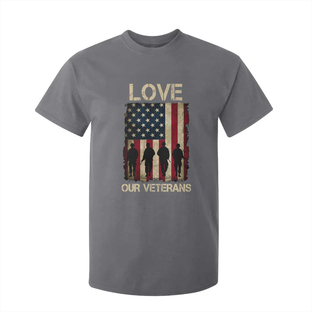 Love Our Veterans T Shirt For Kid US Veterans Day Proud Military Family US Flag TS10 Charcoal Print Your Wear
