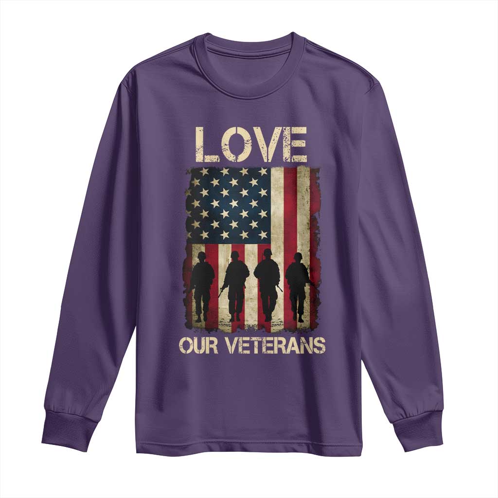Love Our Veterans Long Sleeve Shirt US Veterans Day Proud Military Family US Flag TS10 Purple Print Your Wear