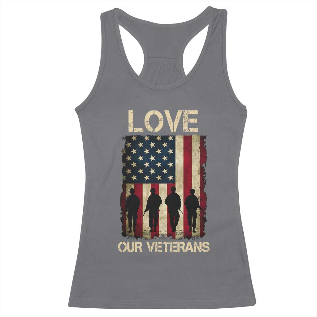 Love Our Veterans Racerback Tank Top US Veterans Day Proud Military Family US Flag TS10 Charcoal Print Your Wear