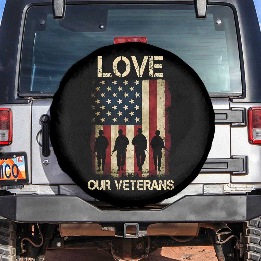 Love Our Veterans Spare Tire Cover US Veterans Day Proud Military Family US Flag TS10 No hole Black Print Your Wear
