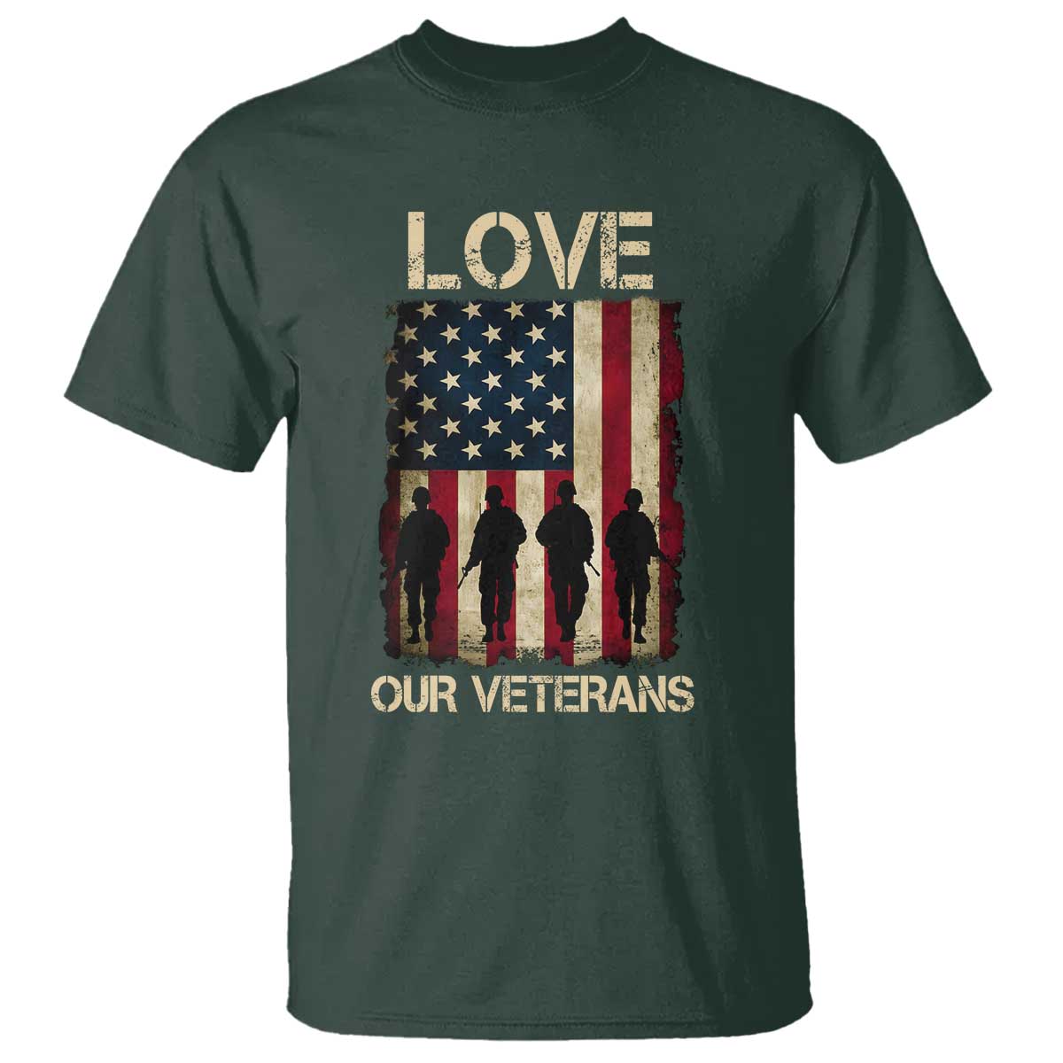 Love Our Veterans T Shirt US Veterans Day Proud Military Family US Flag TS10 Dark Forest Green Print Your Wear