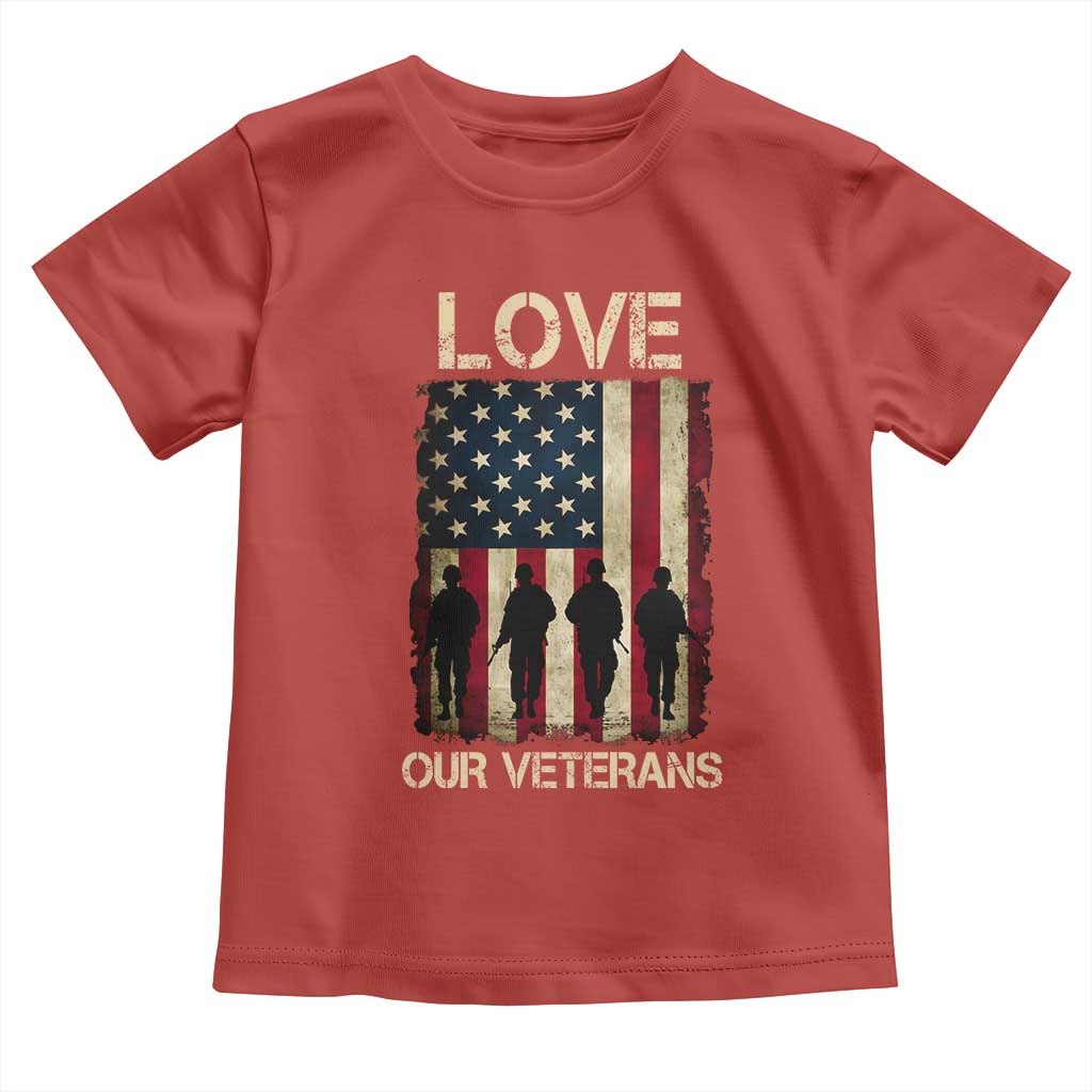 Love Our Veterans Toddler T Shirt US Veterans Day Proud Military Family US Flag TS10 Red Print Your Wear