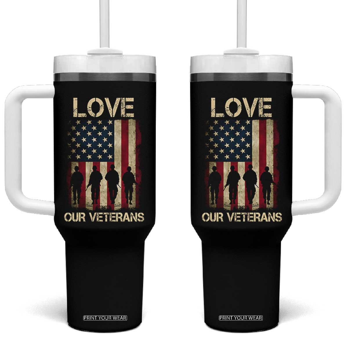 Love Our Veterans Tumbler With Handle US Veterans Day Proud Military Family US Flag TS10 One Size: 40 oz Black Print Your Wear