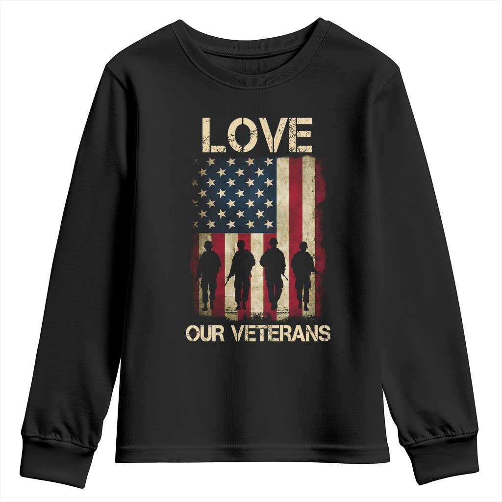 Love Our Veterans Youth Sweatshirt US Veterans Day Proud Military Family US Flag TS10 Black Print Your Wear