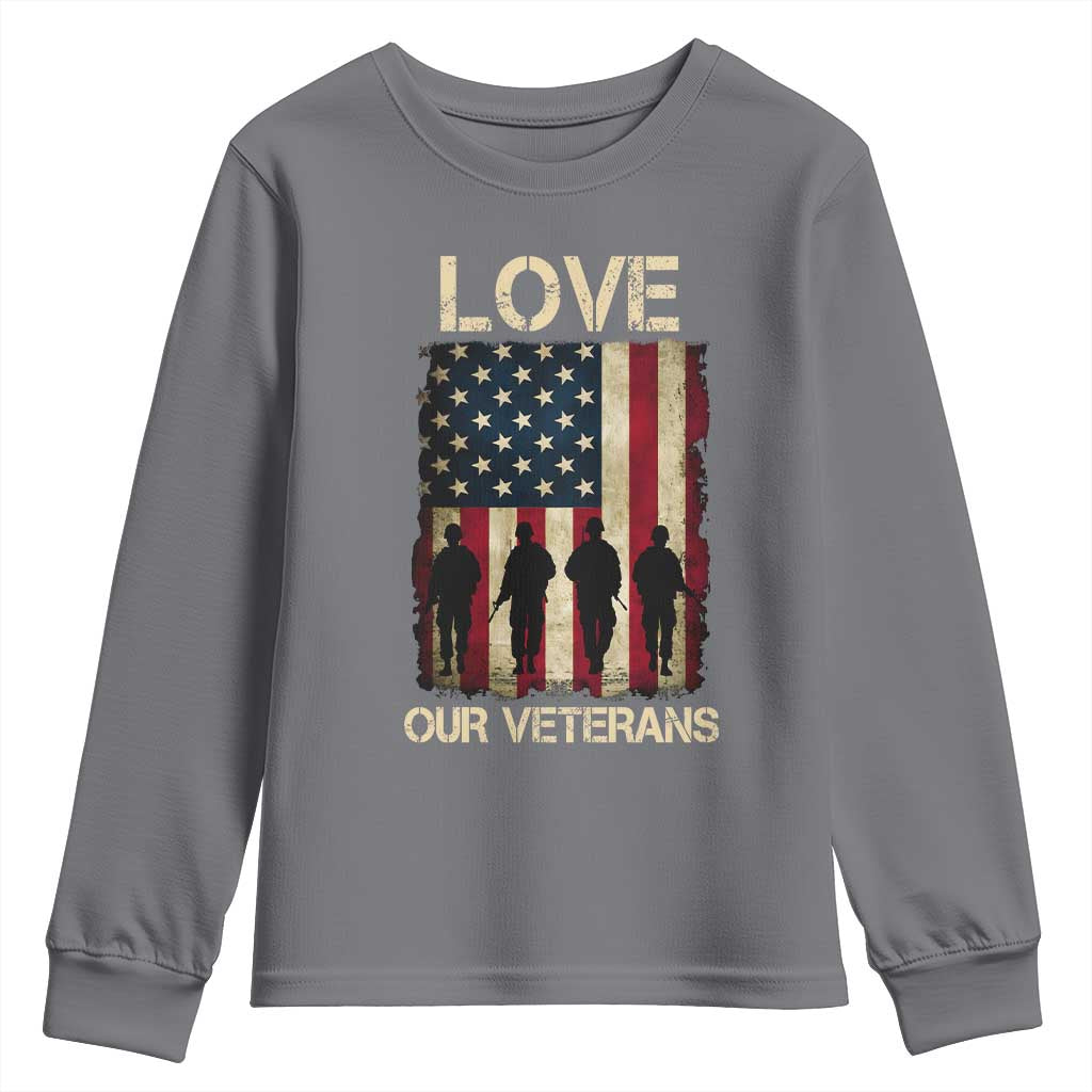 Love Our Veterans Youth Sweatshirt US Veterans Day Proud Military Family US Flag TS10 Charcoal Print Your Wear