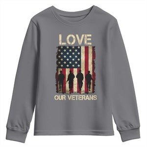 Love Our Veterans Youth Sweatshirt US Veterans Day Proud Military Family US Flag TS10 Charcoal Print Your Wear