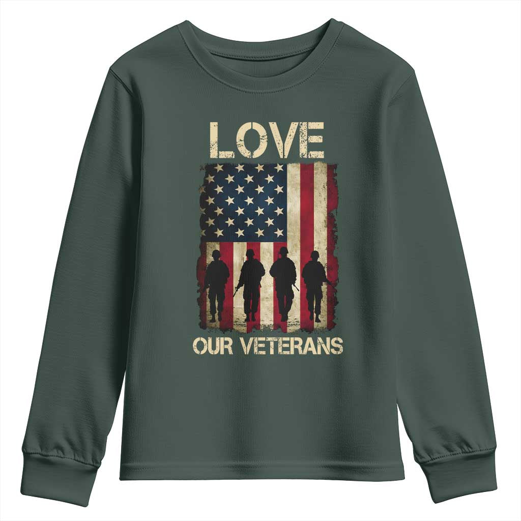 Love Our Veterans Youth Sweatshirt US Veterans Day Proud Military Family US Flag TS10 Dark Forest Green Print Your Wear