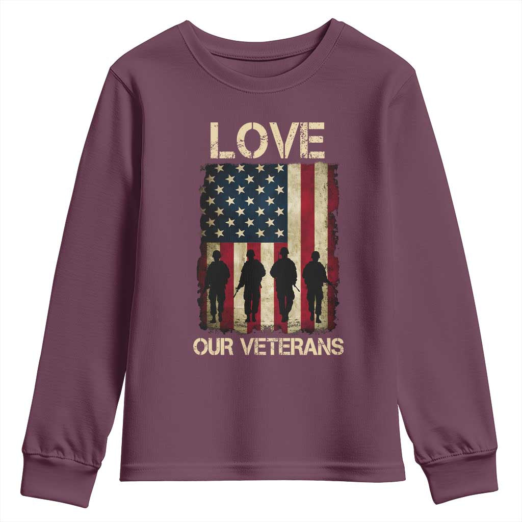 Love Our Veterans Youth Sweatshirt US Veterans Day Proud Military Family US Flag TS10 Maroon Print Your Wear