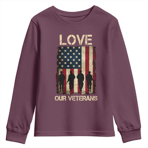 Love Our Veterans Youth Sweatshirt US Veterans Day Proud Military Family US Flag TS10 Maroon Print Your Wear