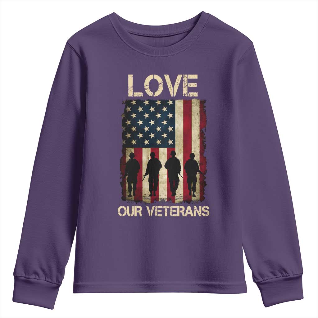 Love Our Veterans Youth Sweatshirt US Veterans Day Proud Military Family US Flag TS10 Purple Print Your Wear